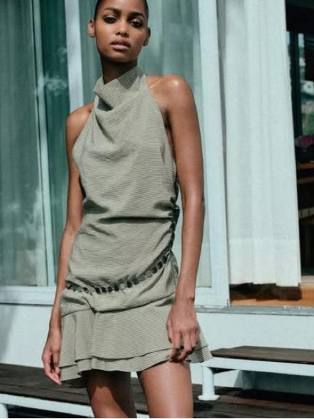 ZARA STRIPED HALTER NECK SHORT DRESS WITH BELT BEIGE-BROWN